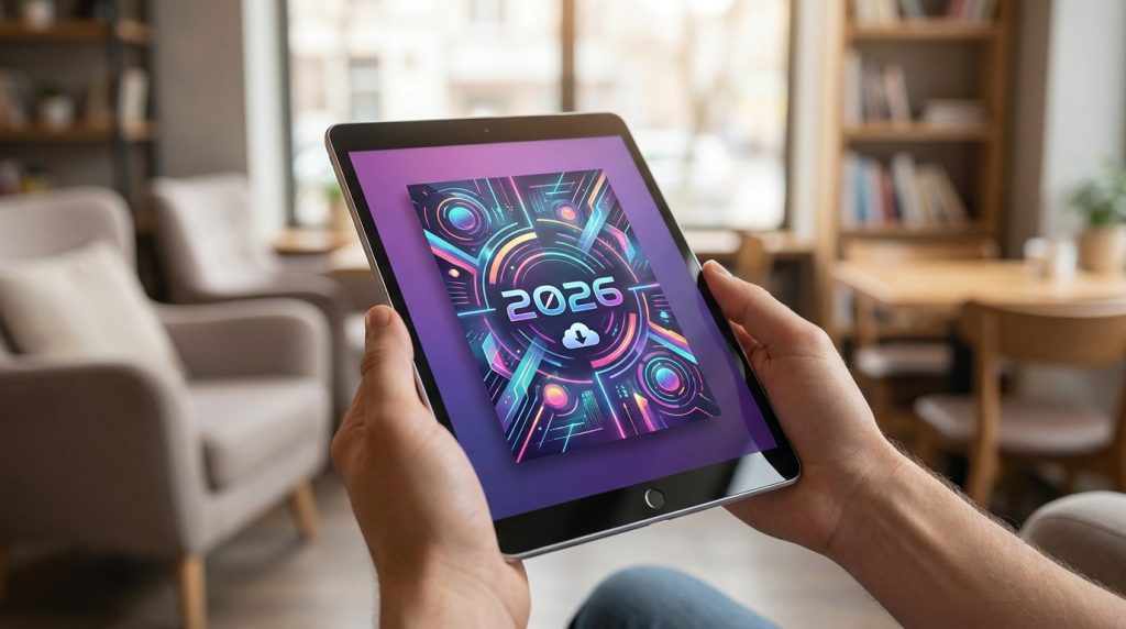 Mains tenant une tablette affichant un magazine numérique avec l'inscription 2026 et une icône de téléchargement.