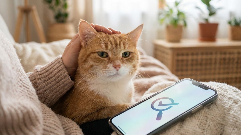 Une personne caresse un chat roux tout en tenant un smartphone affichant un logo de loupe et de coche.
