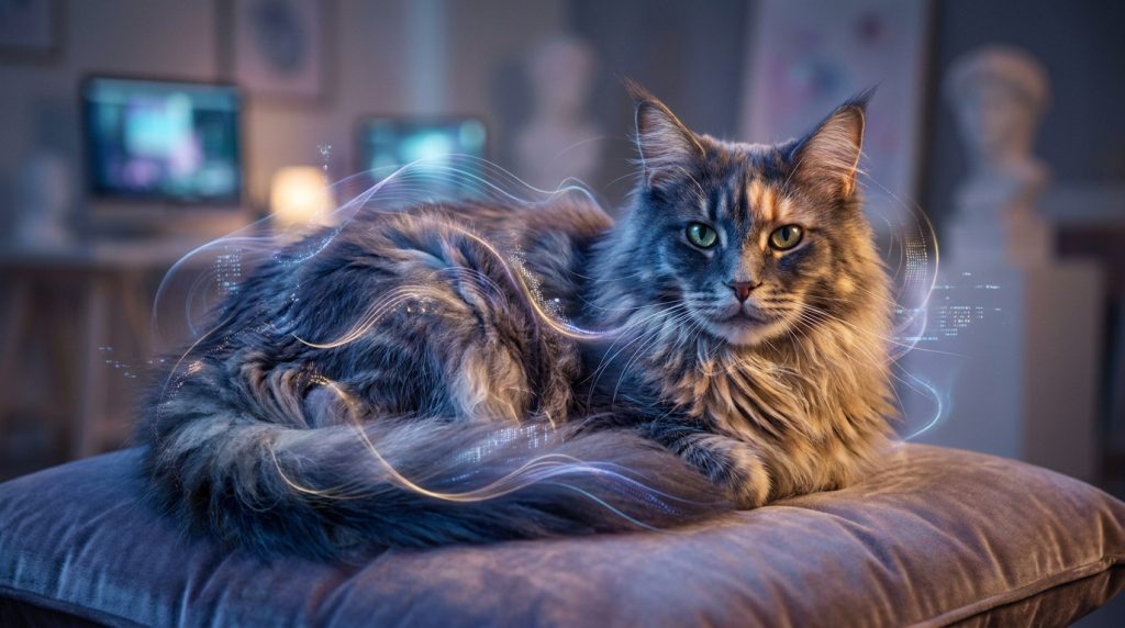 Un magnifique chat Maine Coon sur un coussin, entouré de traînées de lumière numérique et d'effets magiques.
