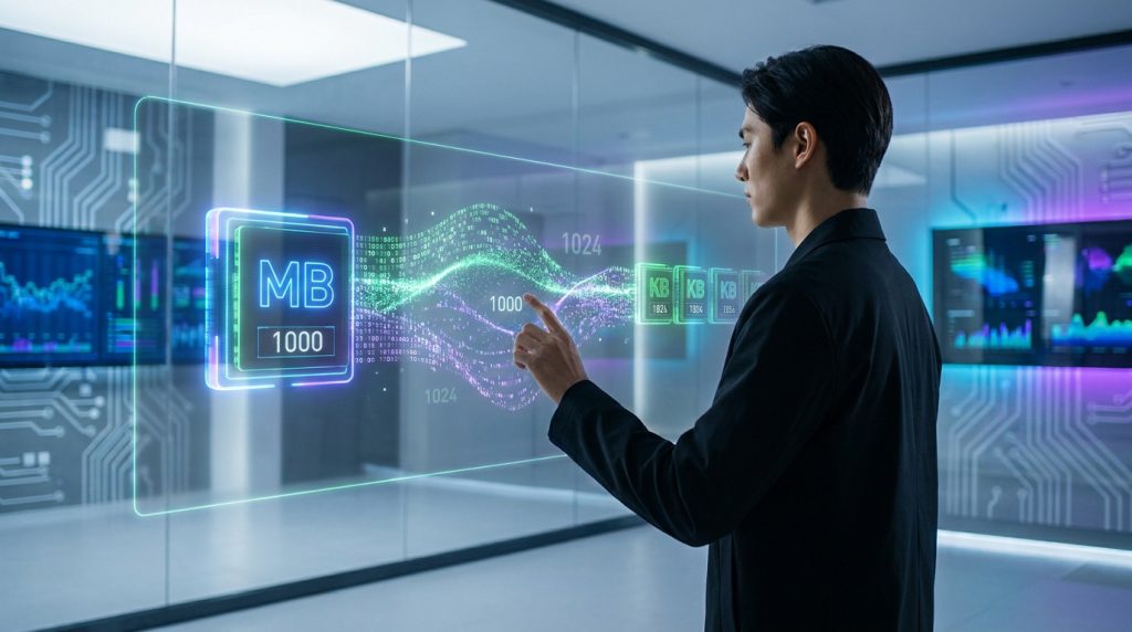 Un homme d'affaires interagissant avec une interface numérique holographique affichant des données de Mo et ko.