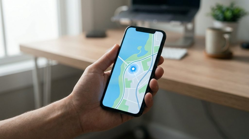 Une main tenant un smartphone affichant une application de géolocalisation sur une carte numérique.