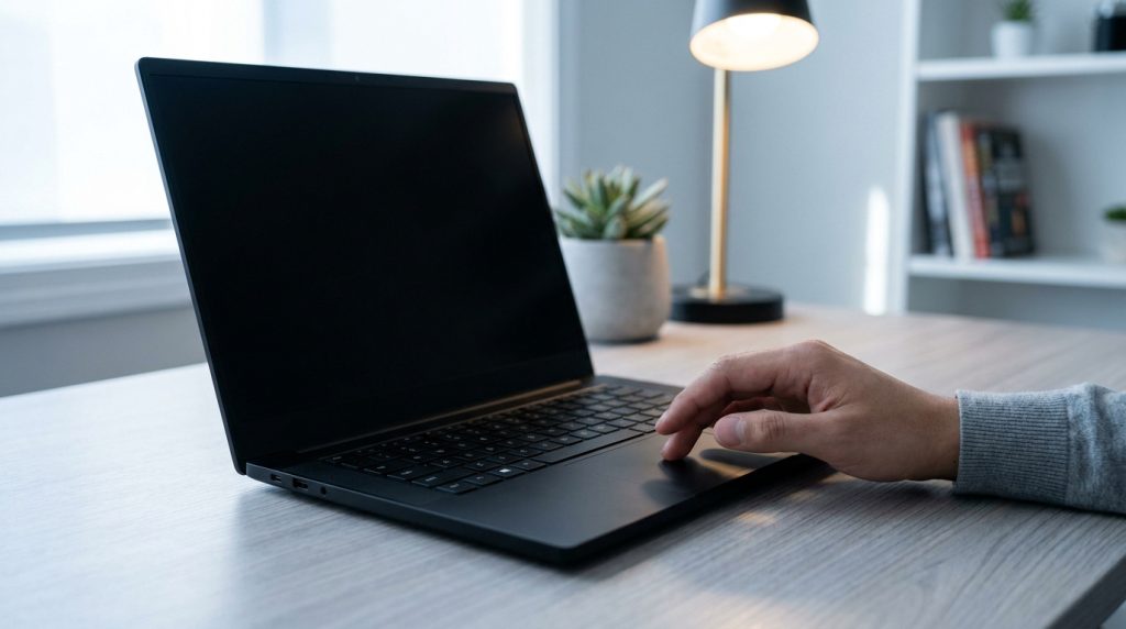 Ordinateur portable avec écran noir posé sur un bureau avec une main d'utilisateur sur le pavé tactile.