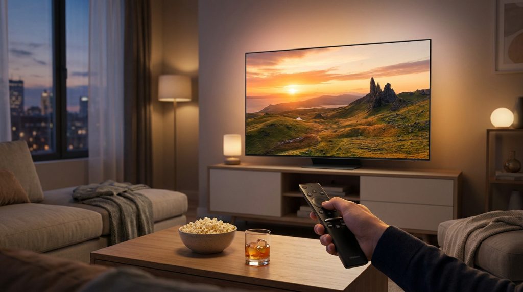 Main tenant une télécommande devant une télévision affichant un paysage montagneux dans un salon cosy le soir.