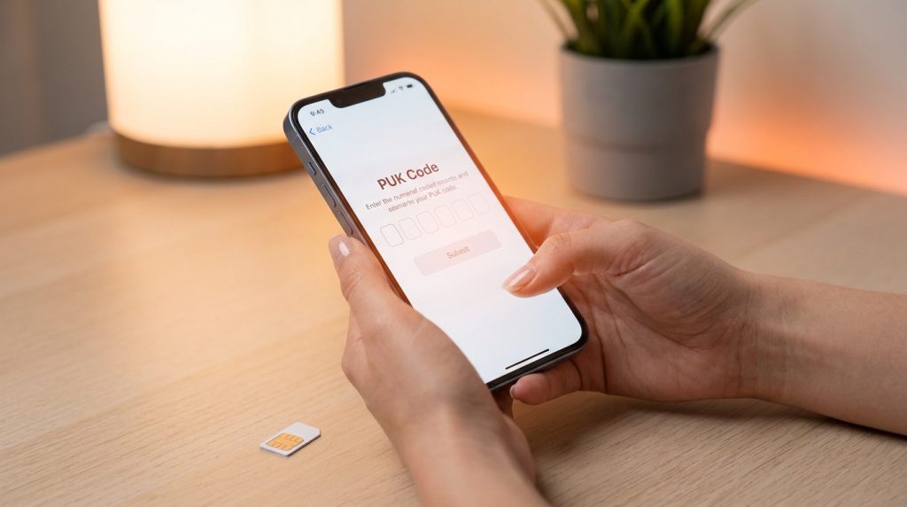 Mains tenant un smartphone affichant une demande de code PUK avec une carte SIM posée sur une table en bois.