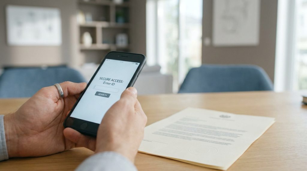 Mains tenant un smartphone affichant un écran de connexion avec un document officiel posé sur une table en bois.