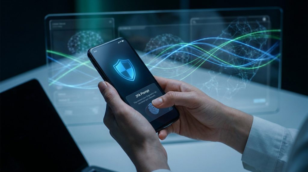 Mains tenant un smartphone affichant une demande d'authentification à deux facteurs et une icône de bouclier numérique.