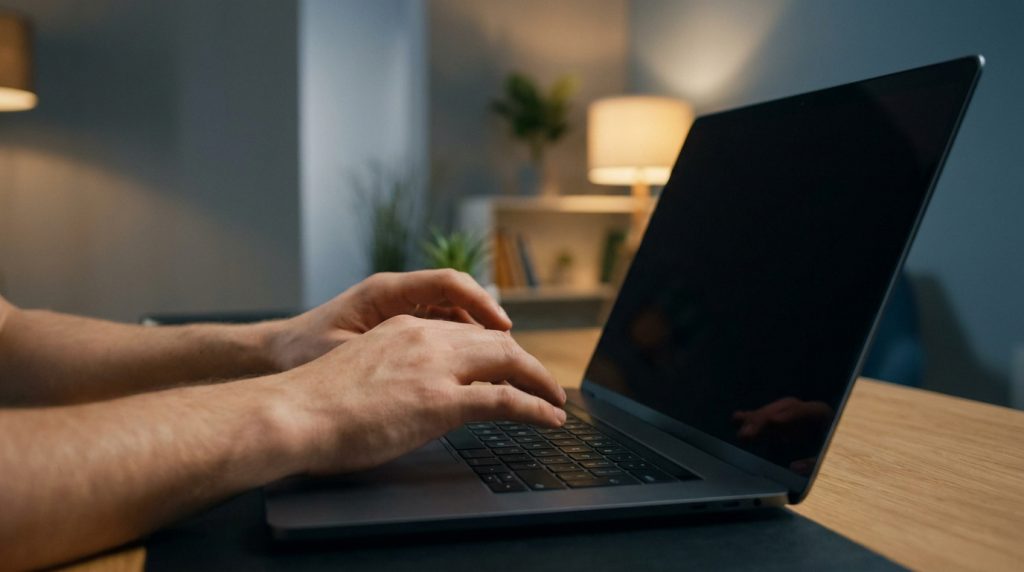 Mains d'une personne tapant sur le clavier d'un ordinateur portable affichant un écran noir dans un bureau.