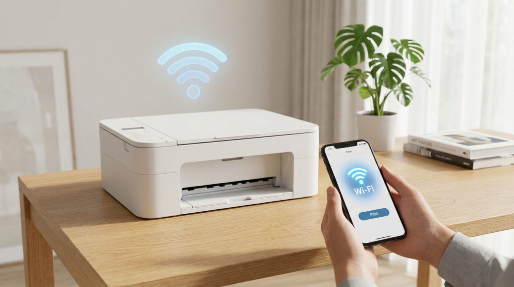 Mains tenant un smartphone affichant les paramètres Wi-Fi devant une imprimante Canon blanche sur un bureau.