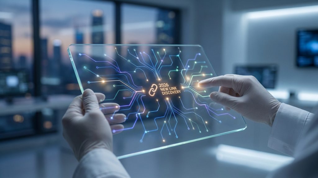 Une personne utilisant une interface numérique transparente avec un circuit imprimé et le texte 2026 New Link Discovery.