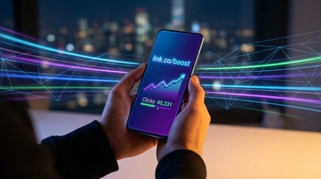 Mains tenant un smartphone affichant un lien court avec un graphique de croissance et des lignes lumineuses en arrière-plan.