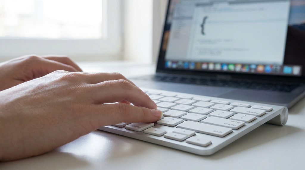 Mains d'une personne tapant sur un clavier Apple externe devant un écran d'ordinateur.