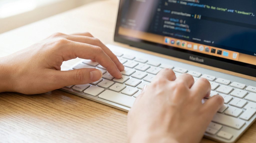 Gros plan sur des mains tapant du code sur le clavier d'un MacBook avec un écran affichant des lignes de programmation.