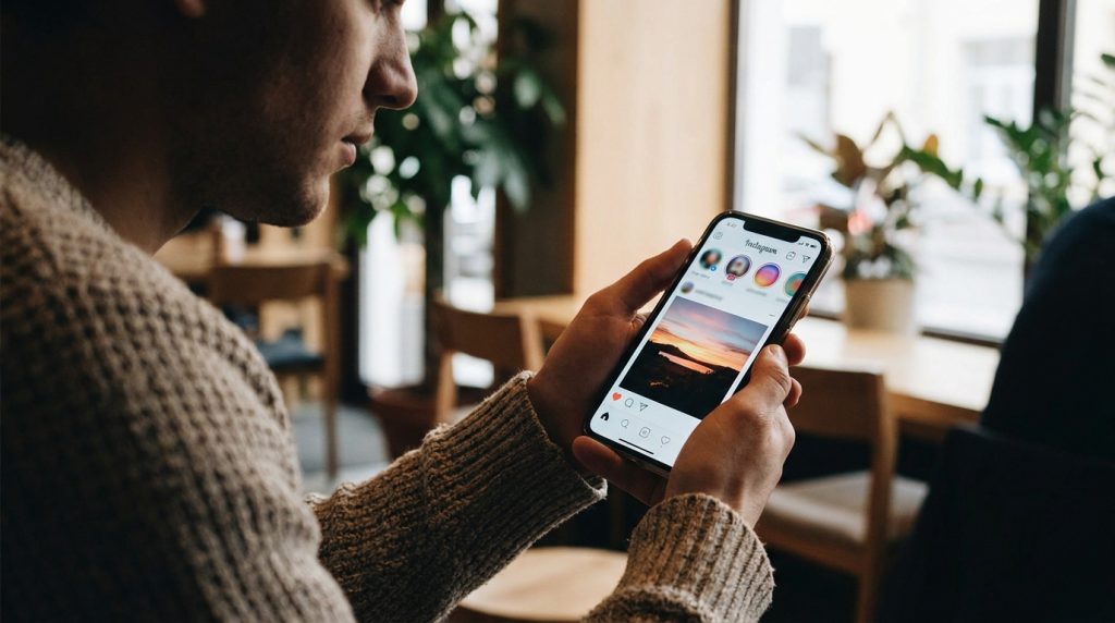 Un homme tenant un smartphone affichant l'interface Instagram dans un café.