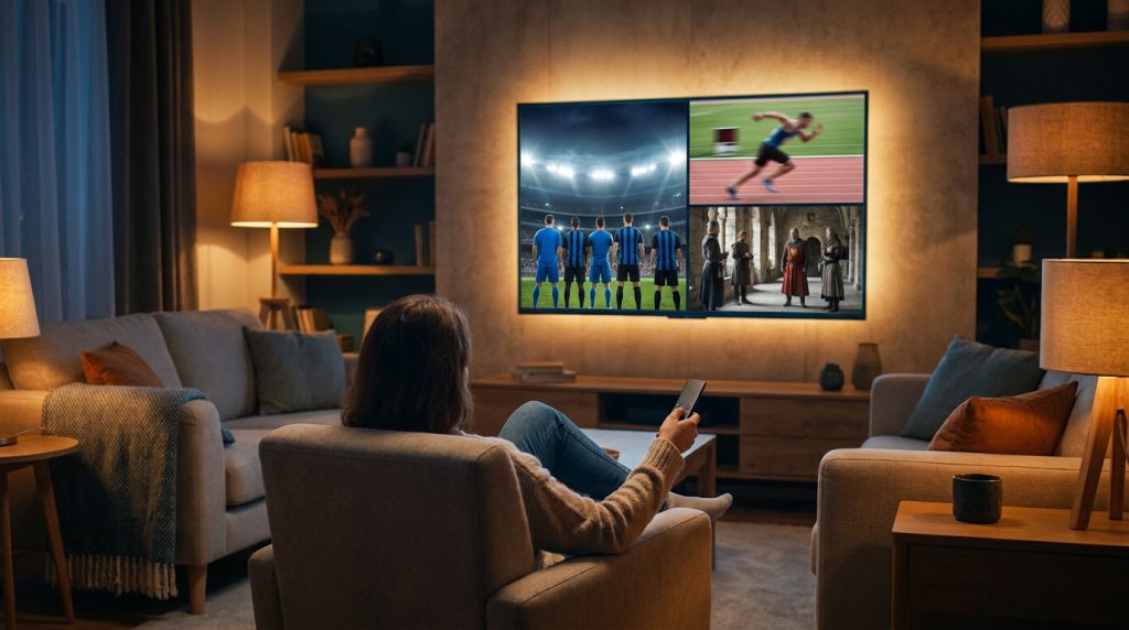 Une personne assise dans un salon cosy regardant plusieurs programmes sportifs et historiques sur une télévision.