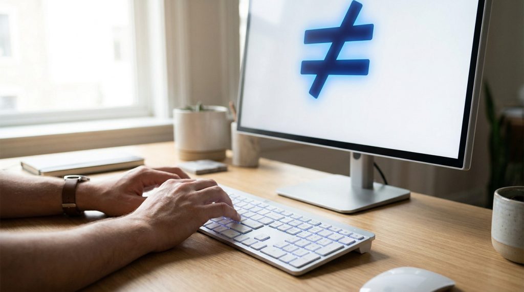Mains d'une personne tapant sur un clavier d'ordinateur affichant un symbole « différent de » bleu à l'écran.