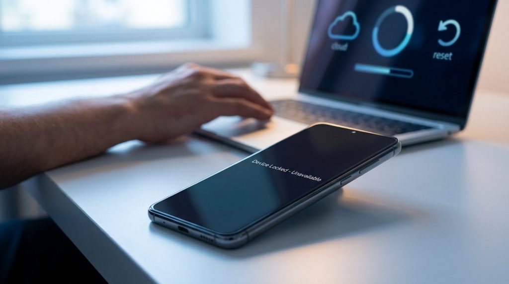 Un smartphone affichant "Device Locked - Unavailable" posé devant un ordinateur portable.