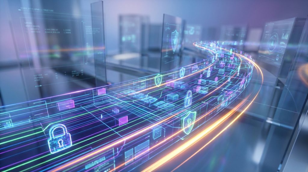 Flux de données numérique avec des icônes de cadenas et de boucliers symbolisant la cybersécurité des transferts.