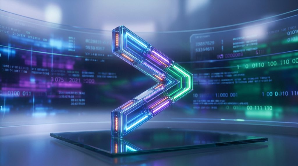Un symbole « supérieur à » lumineux et futuriste flottant sur une plateforme avec un arrière-plan de données numériques.