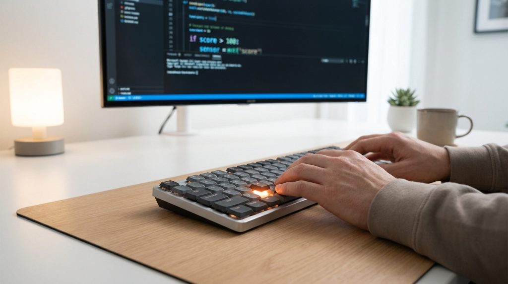 Mains d'un développeur tapant sur un clavier mécanique devant un écran affichant du code informatique.