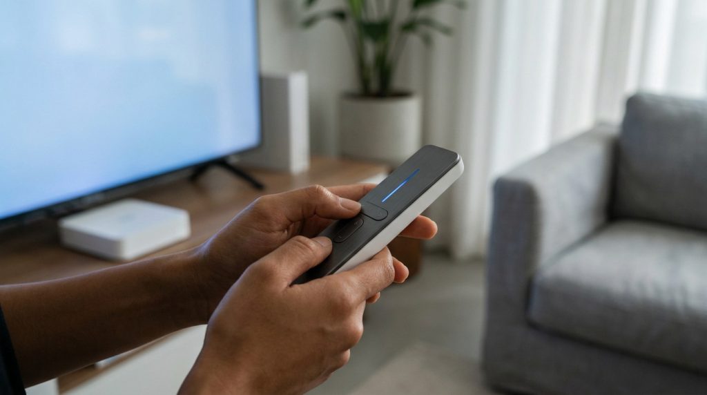 Une personne tient une télécommande Free moderne devant un téléviseur dans un salon lumineux.
