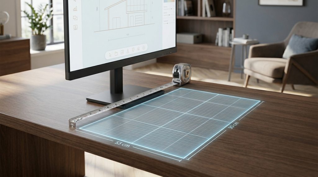 Un écran de 24 pouces sur un bureau avec un ruban à mesurer et une grille projetée indiquant 53 cm par 30 cm.