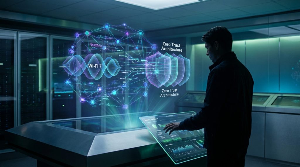 Un technicien manipulant une interface holographique affichant le Wi-Fi 7 et une architecture Zero Trust dans un centre de données.