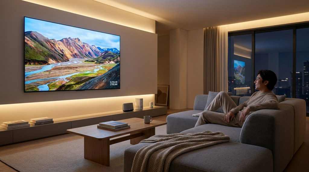 Un homme détendu regarde un grand écran affichant un paysage de montagnes dans un salon moderne et chaleureux.