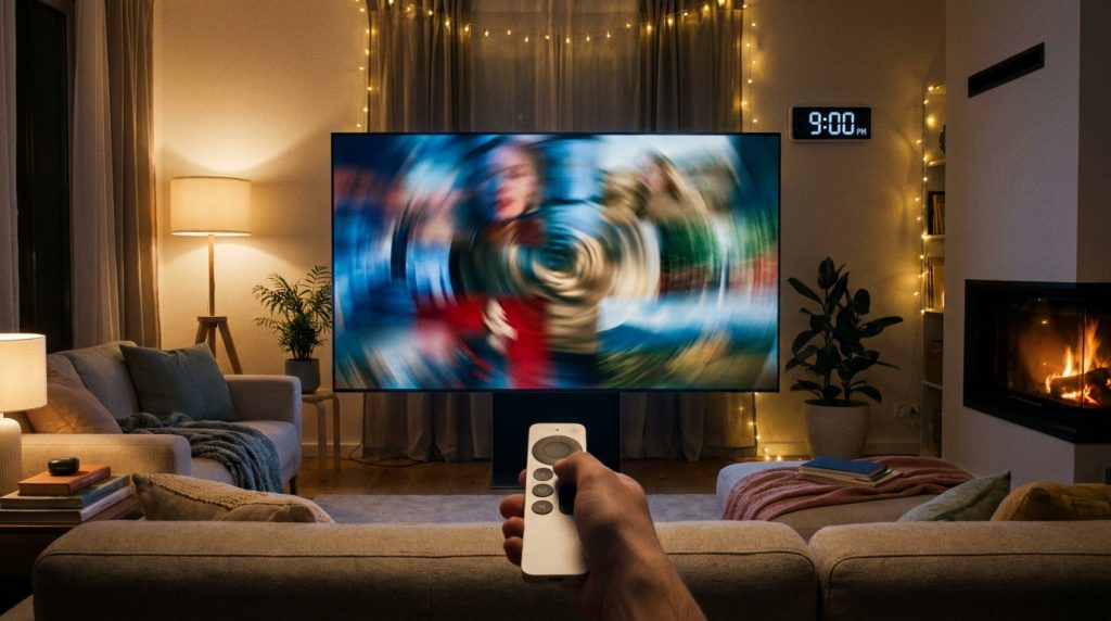 Main tenant une télécommande devant un grand écran de télévision dans un salon chaleureux et éclairé à 21h.