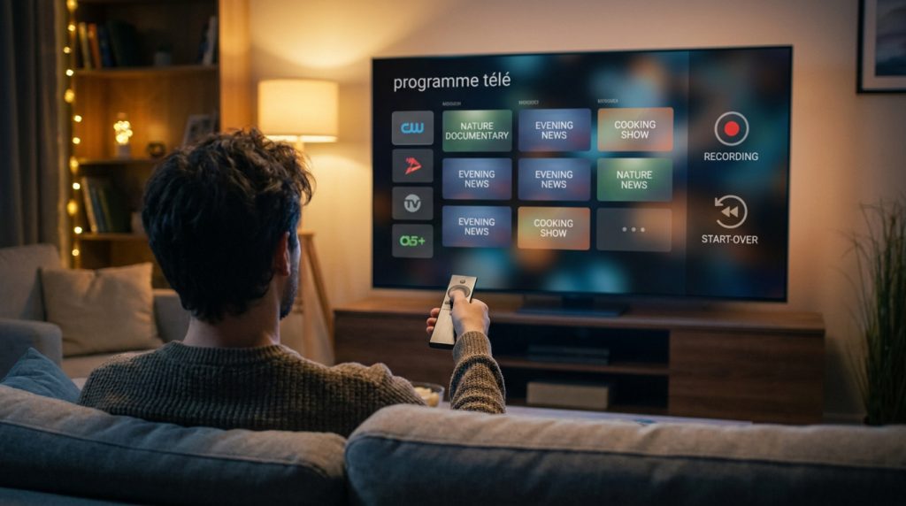 Homme assis sur un canapé utilisant une télécommande pour naviguer sur l'interface du programme TV de sa box Free.