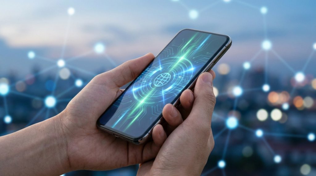 Mains tenant un smartphone affichant une interface numérique de transfert d'argent mondial sur fond de réseau connecté.