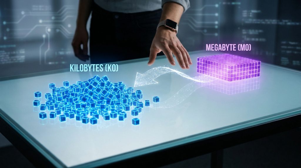 Illustration numérique d'une main manipulant des données holographiques montrant la conversion de Ko en Mo.