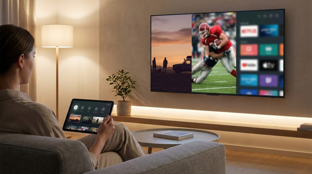 Une personne assise dans un salon confortable utilisant une tablette pour naviguer sur l'interface télévisée OQEE.